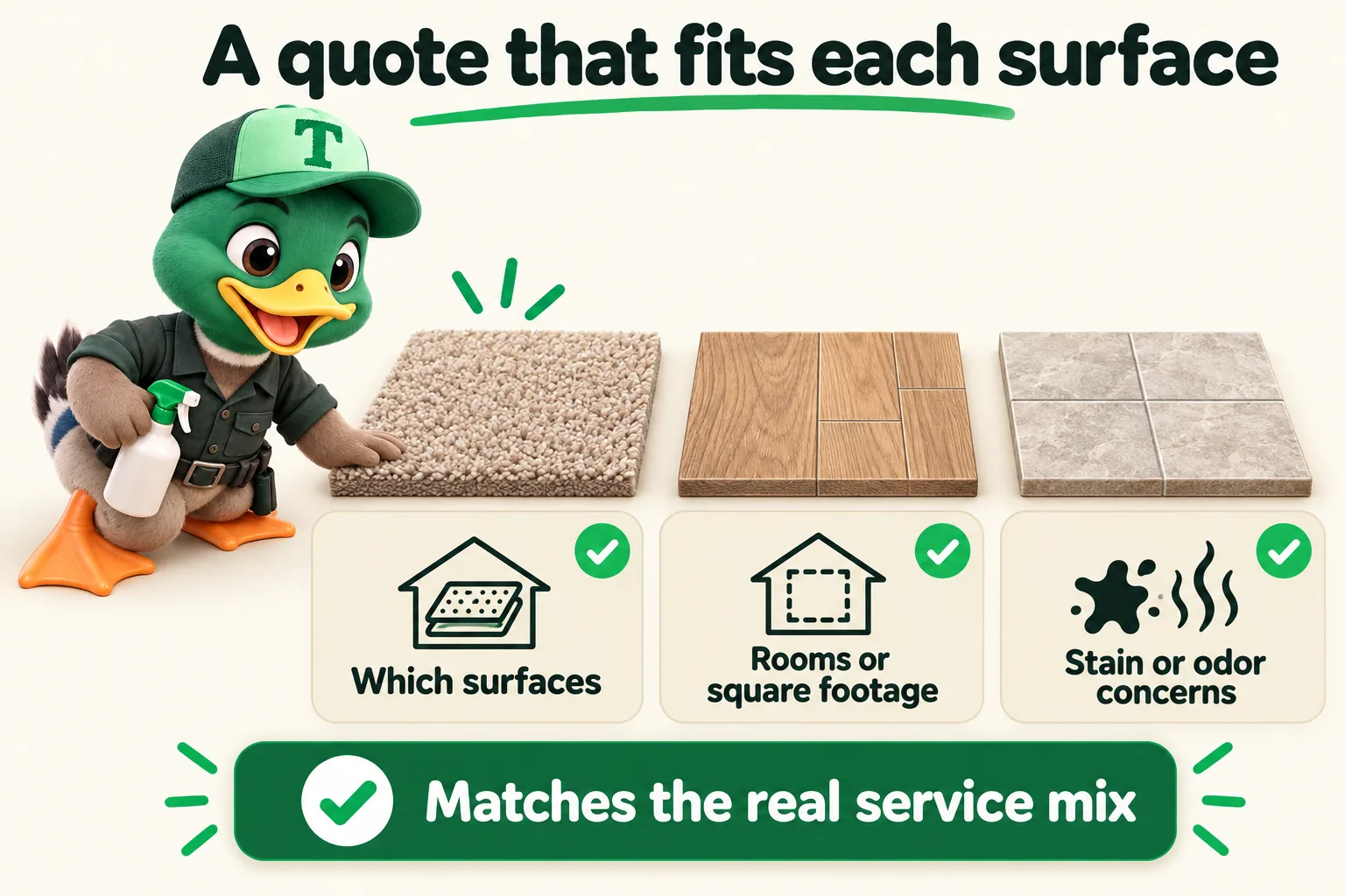 Infographic with Trigg the duck mascot. A quote that fits each surface: Which surfaces; Rooms or square footage; Stain or odor concerns; Matches the real service mix.