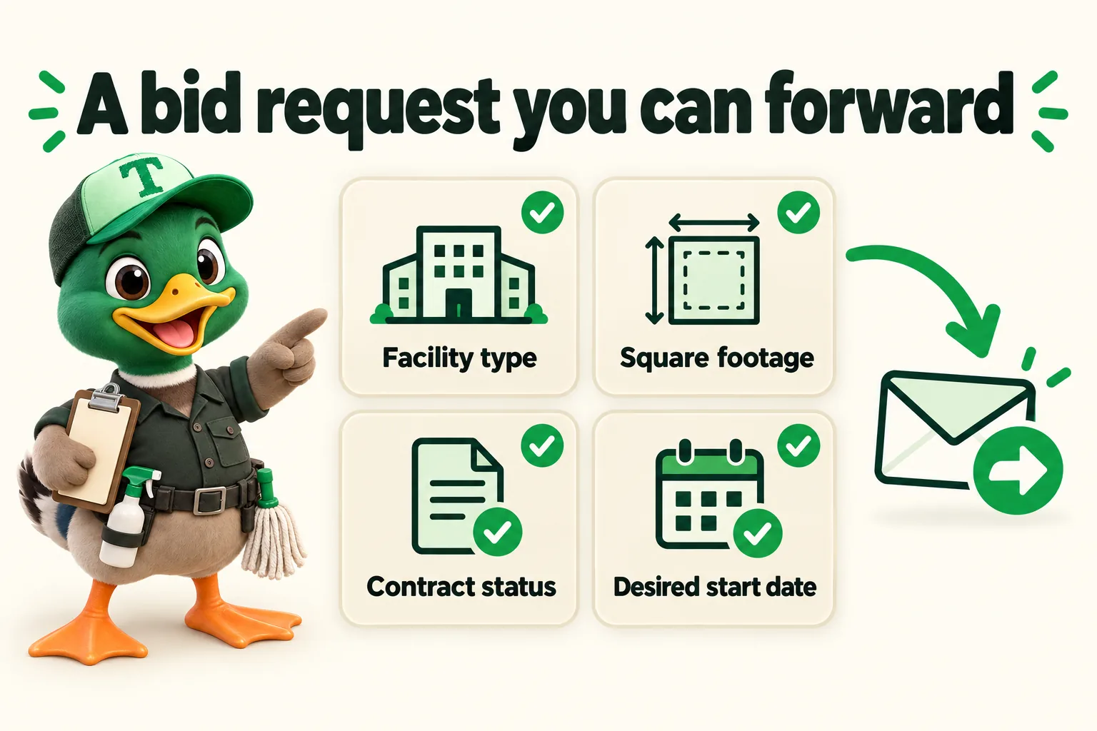 Infographic with Trigg the duck mascot. A bid request you can forward: Facility type; Square footage; Contract status; Desired start date.