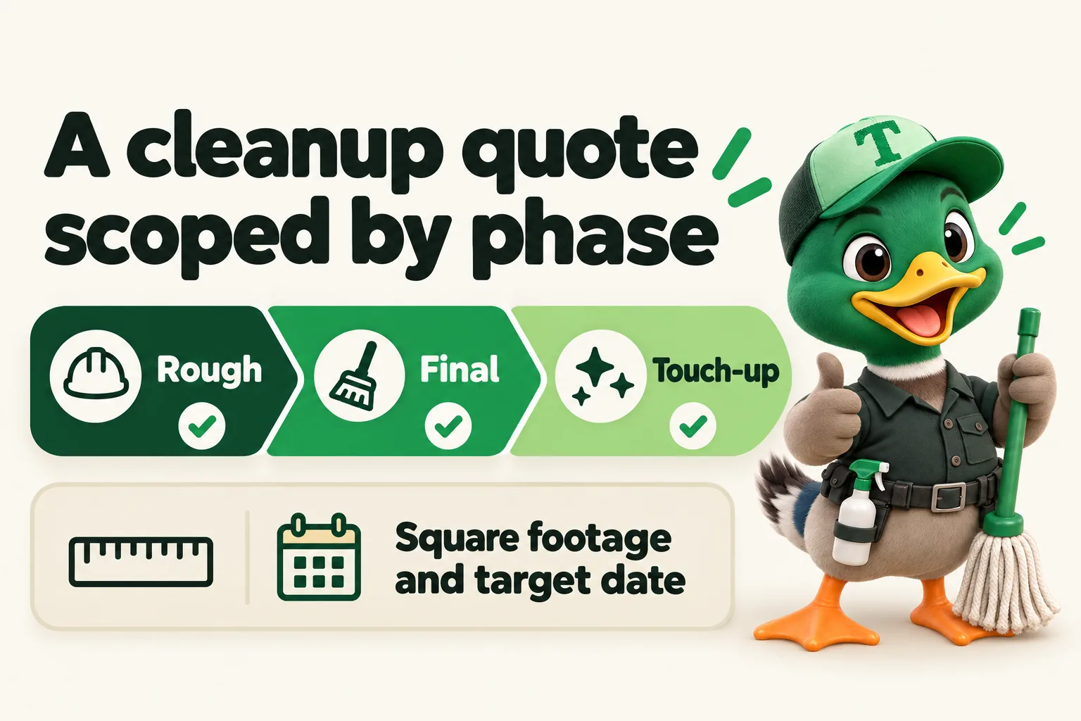 Infographic with Trigg the duck mascot. A cleanup quote scoped by phase: Rough; Final; Touch-up; Square footage and target date.