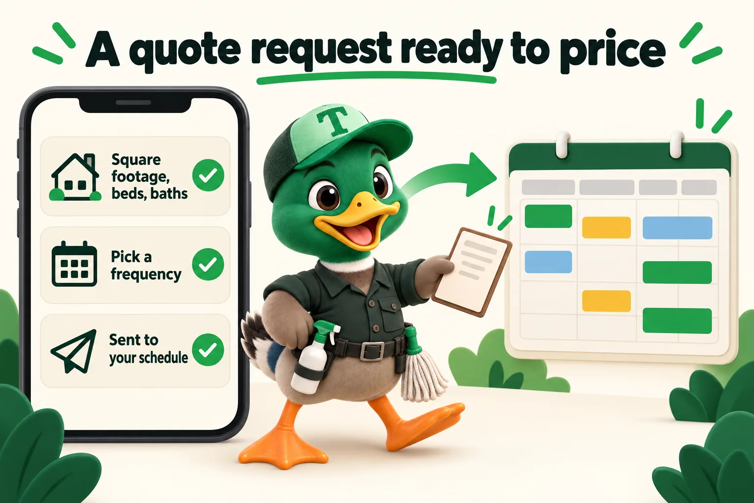 Infographic with Trigg the duck mascot. A quote request ready to price: Square footage, beds, baths; Pick a frequency; Sent to your schedule.
