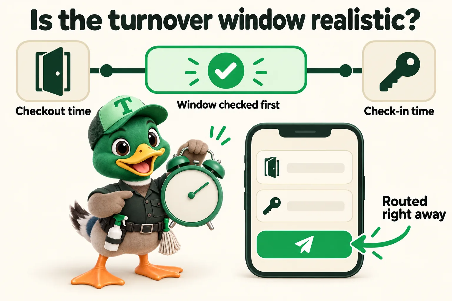 Infographic with Trigg the duck mascot. Is the turnover window realistic?: Checkout time; Check-in time; Window checked first; Routed right away.