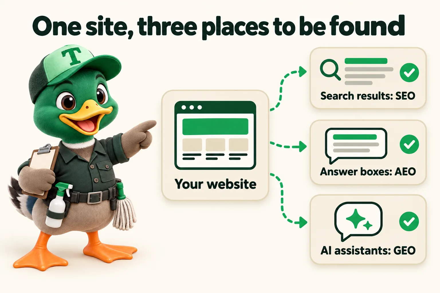 Infographic with Trigg the duck mascot. One site, three places to be found: Your website; Search results: SEO; Answer boxes: AEO; AI assistants: GEO.