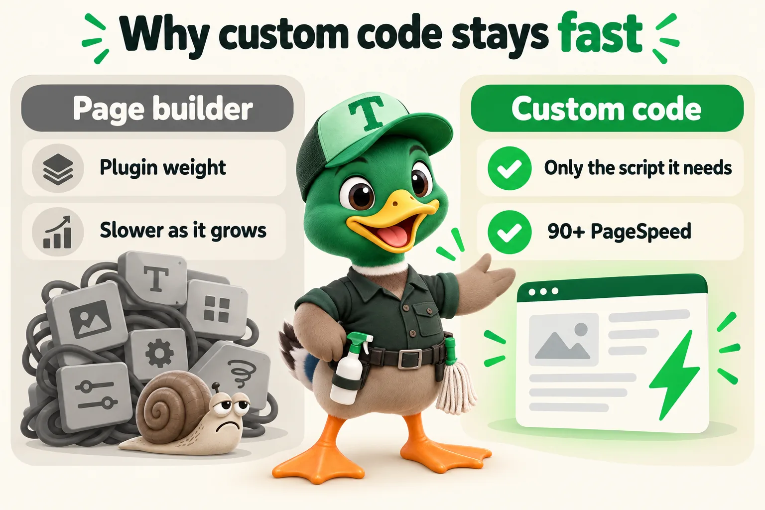 Infographic with Trigg the duck mascot. Why custom code stays fast: Page builder; Plugin weight; Slower as it grows; Custom code; Only the script it needs; 90+ PageSpeed.