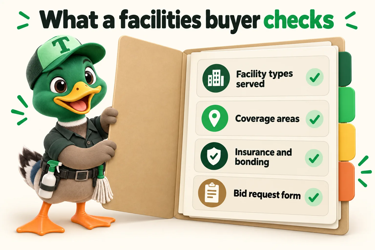 Infographic with Trigg the duck mascot. What a facilities buyer checks: Facility types served; Coverage areas; Insurance and bonding; Bid request form.