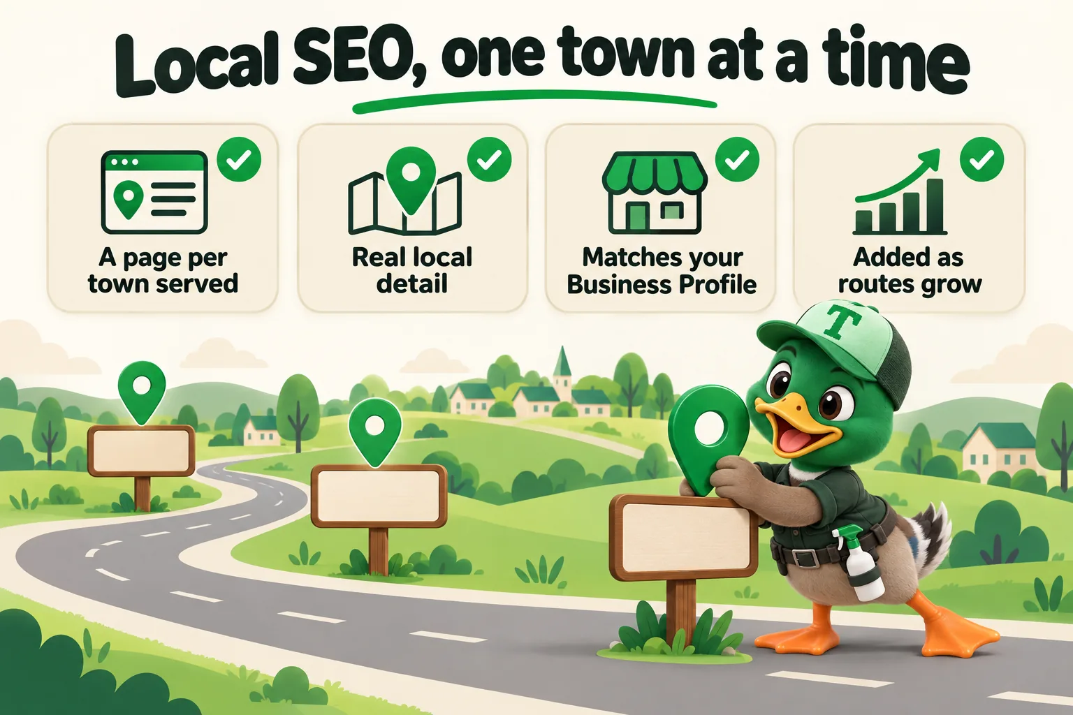 Infographic with Trigg the duck mascot. Local SEO, one town at a time: A page per town served; Real local detail; Matches your Business Profile; Added as routes grow.
