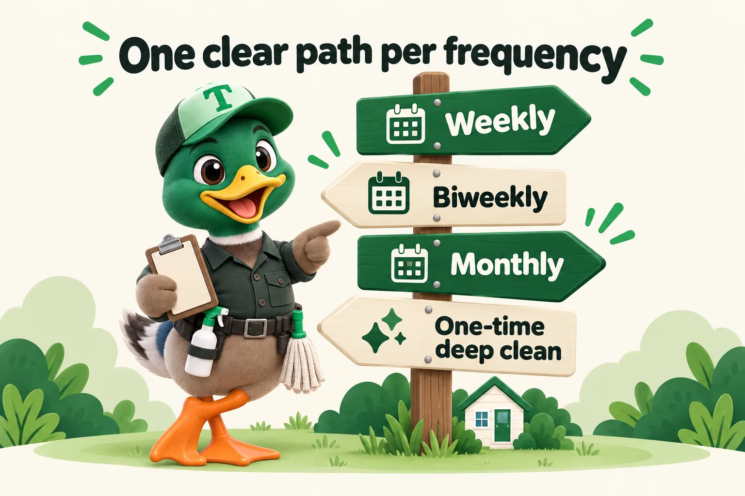 Infographic with Trigg the duck mascot. One clear path per frequency: Weekly; Biweekly; Monthly; One-time deep clean.