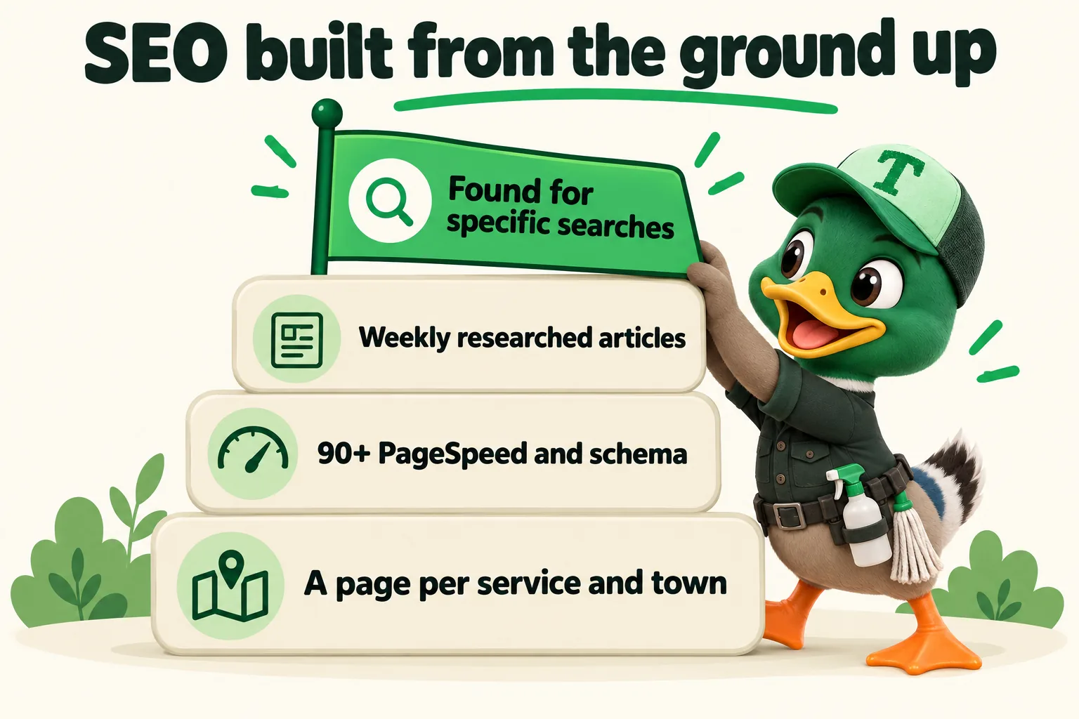 Infographic with Trigg the duck mascot. SEO built from the ground up: A page per service and town; 90+ PageSpeed and schema; Weekly researched articles; Found for specific searches.