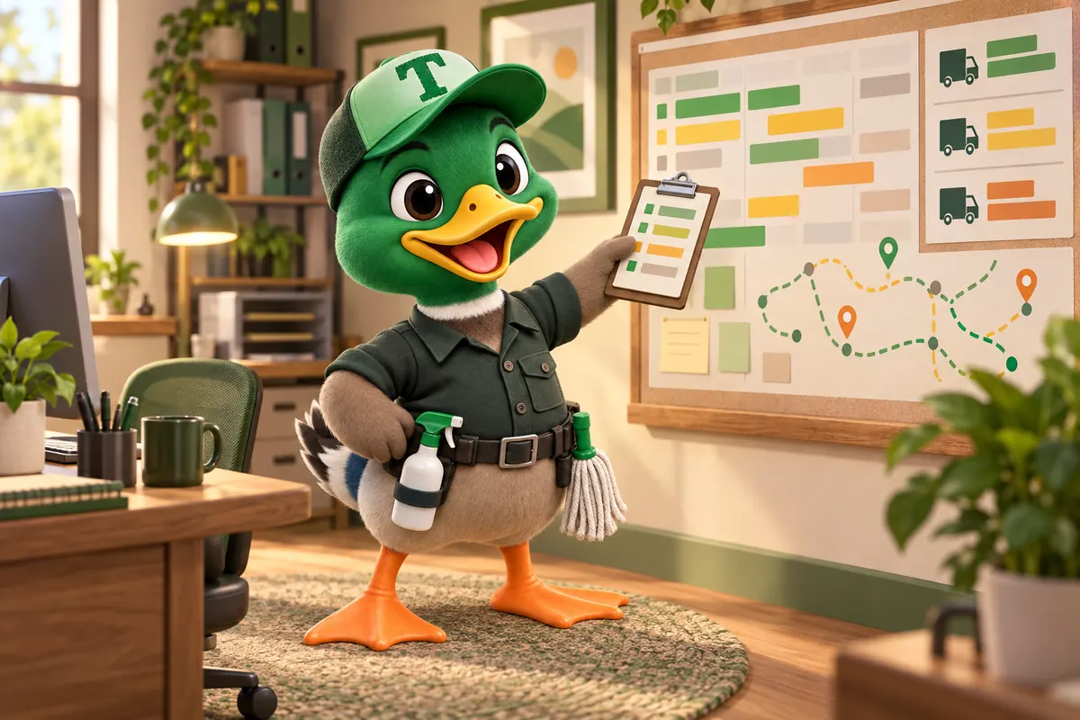 Trigg the duck mascot at a dispatch desk pointing at a board of schedule blocks