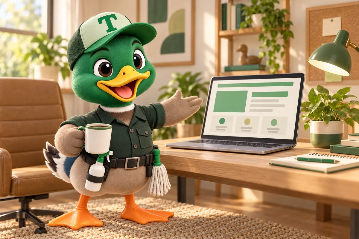 Trigg the duck mascot presenting a website layout on a laptop in a bright office