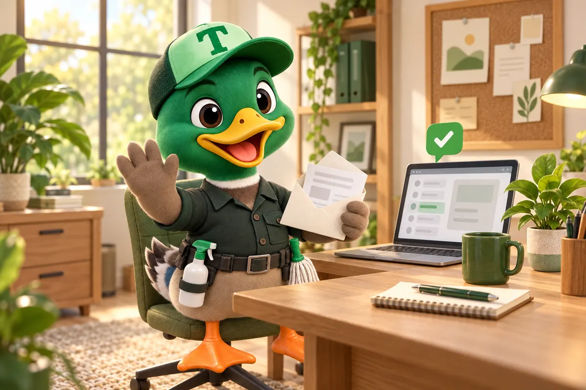 Trigg the duck mascot at a small desk opening a fresh message and waving hello