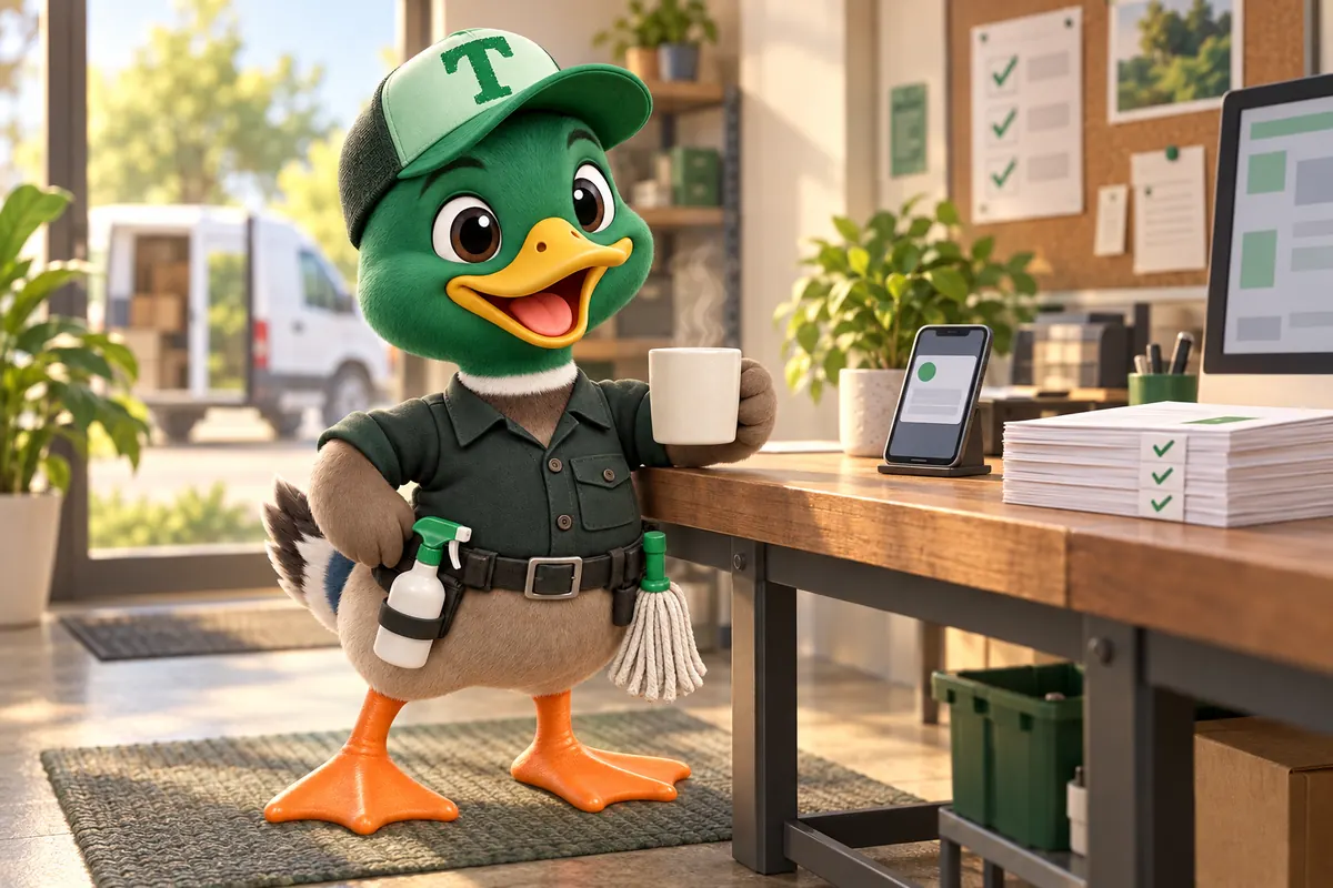Trigg the duck mascot with a coffee beside a stack of completed job sheets