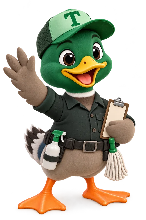 Trigg the duck, our crew dispatcher mascot, waving hello beside the dispatch sheet